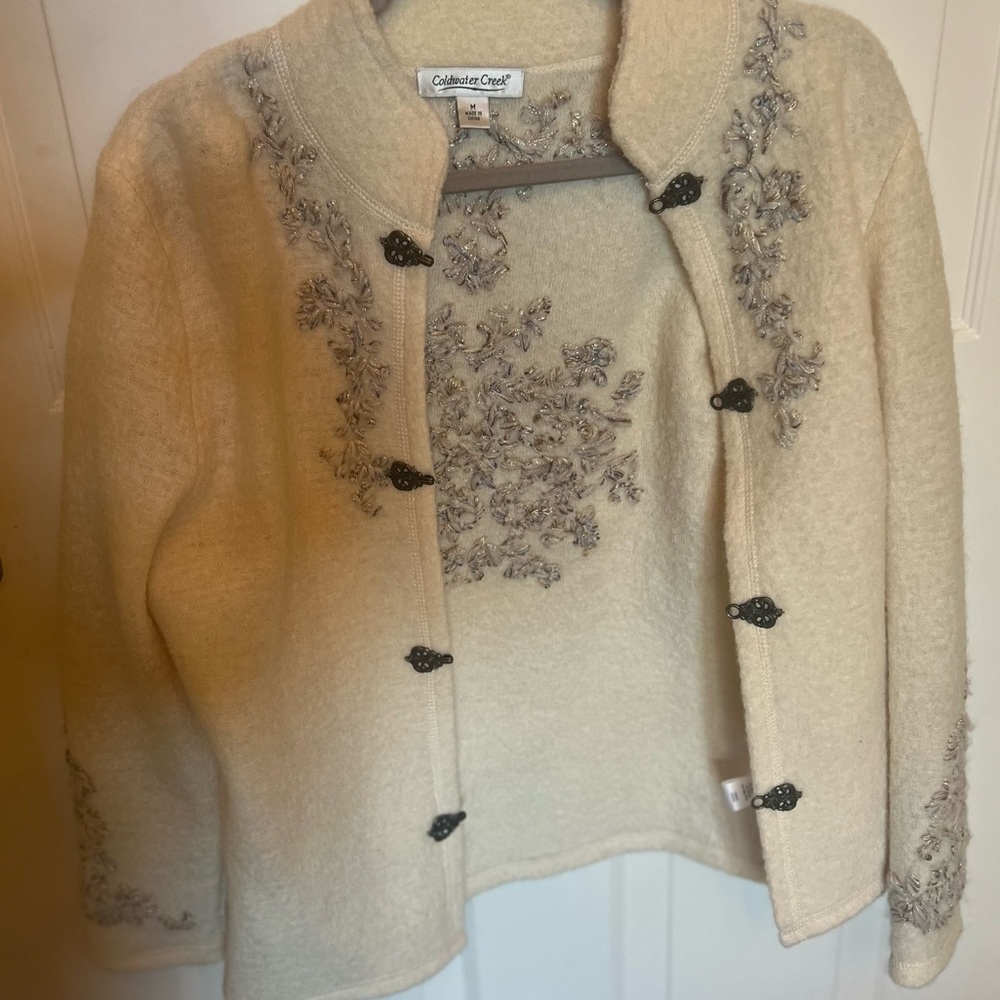 Coldwater creek embroidered wool cream cardigan